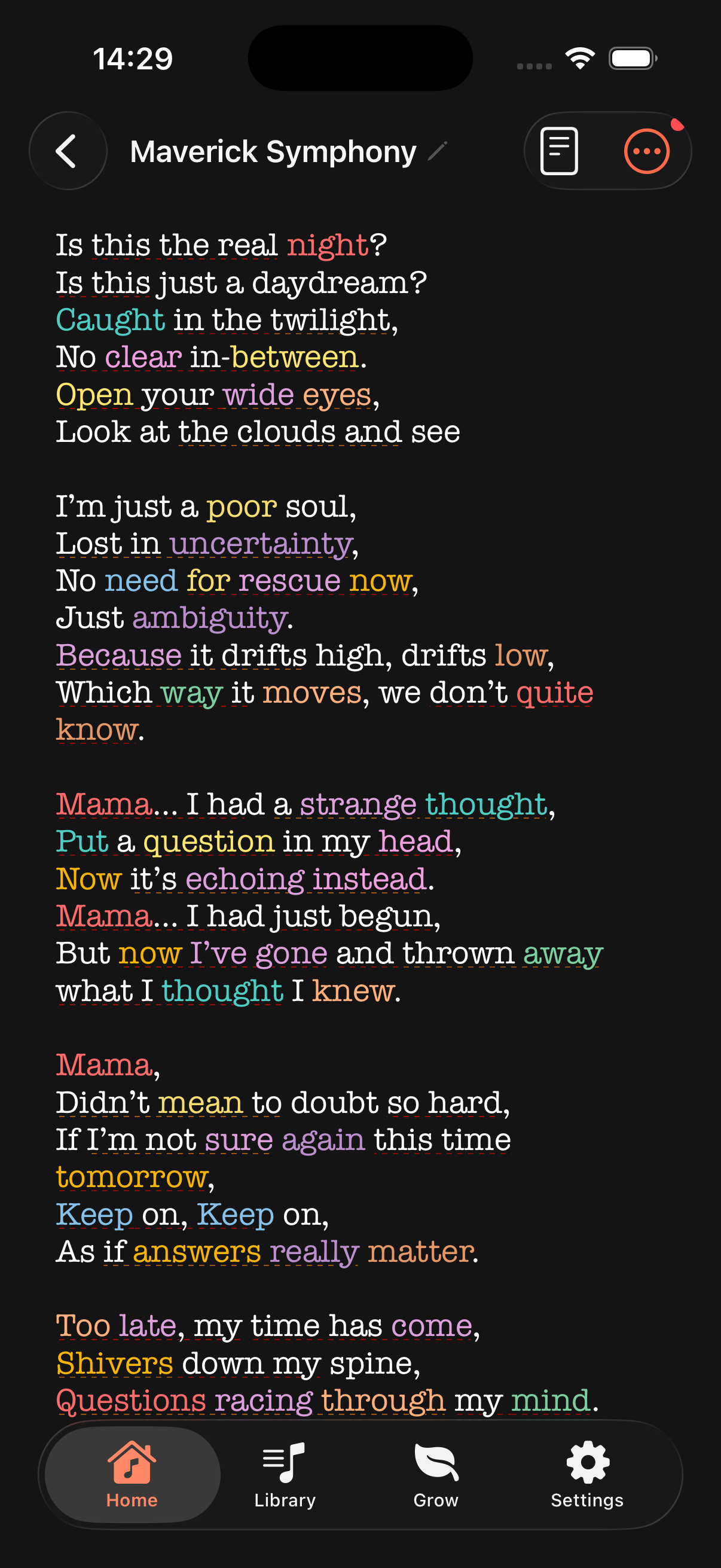 Songwriter Studio editor showing rhyme-highlighted lyrics