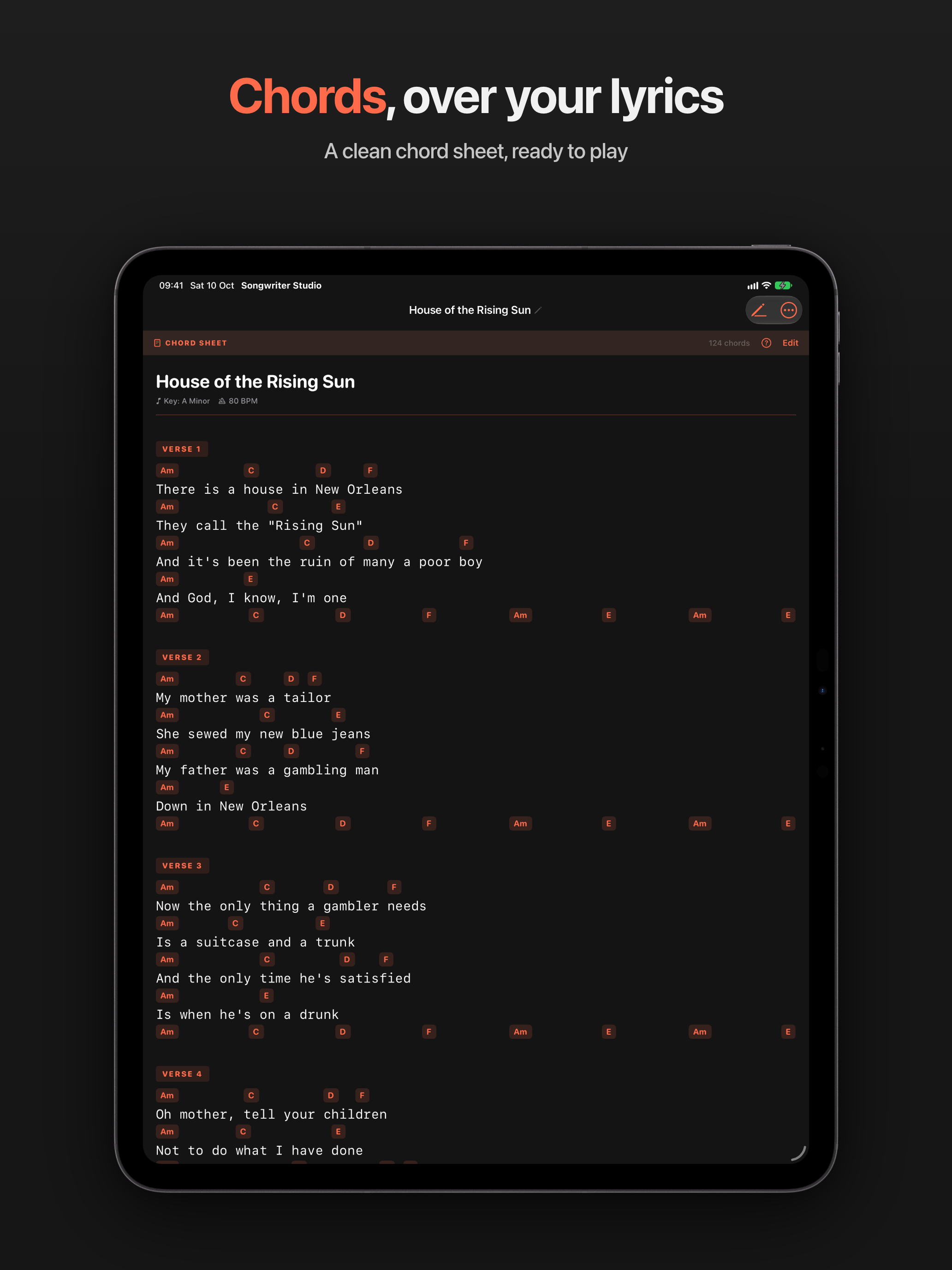 Chord Sheet mode, with chords laid out above the lyric