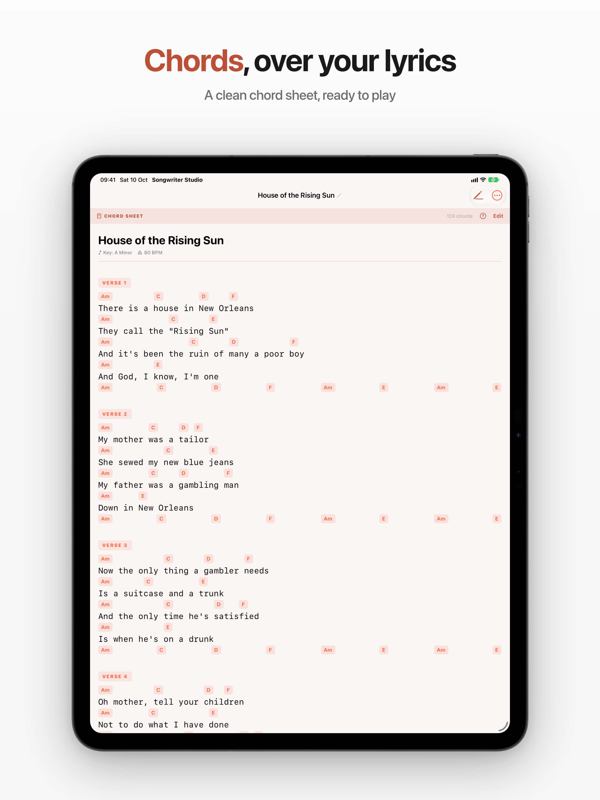 Chord Sheet mode, with chords laid out above the lyric