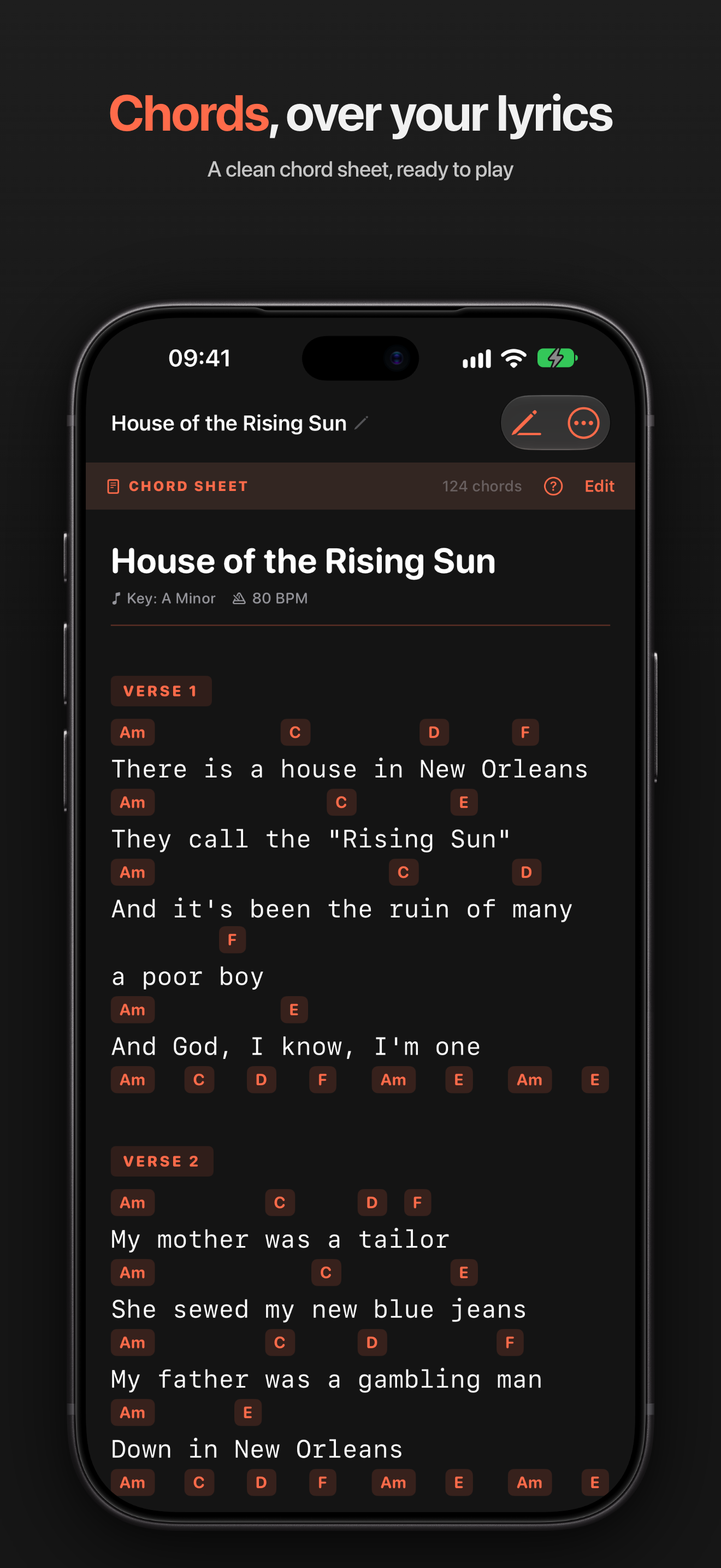 Chord Sheet mode, with chords laid out above the lyric