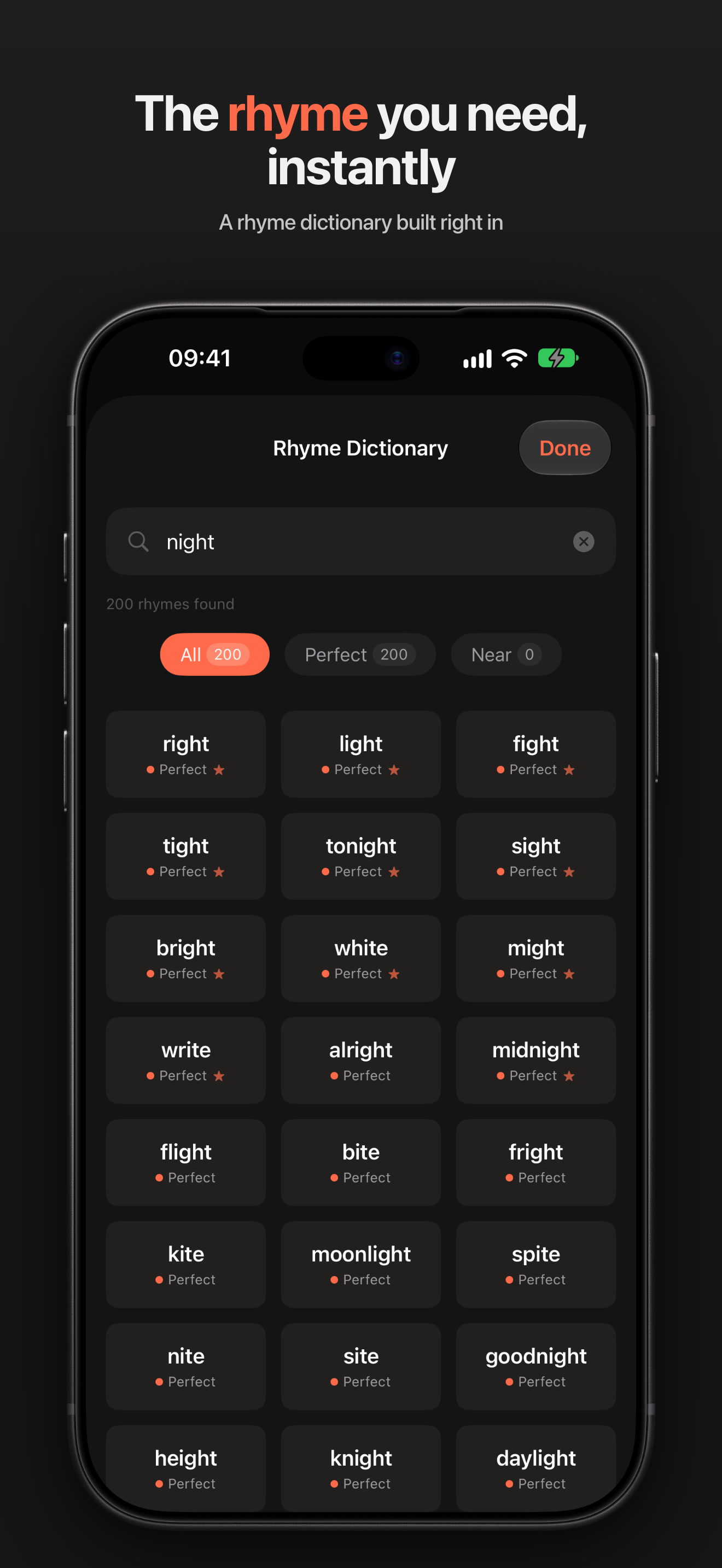 Rhyme suggestions for a selected word