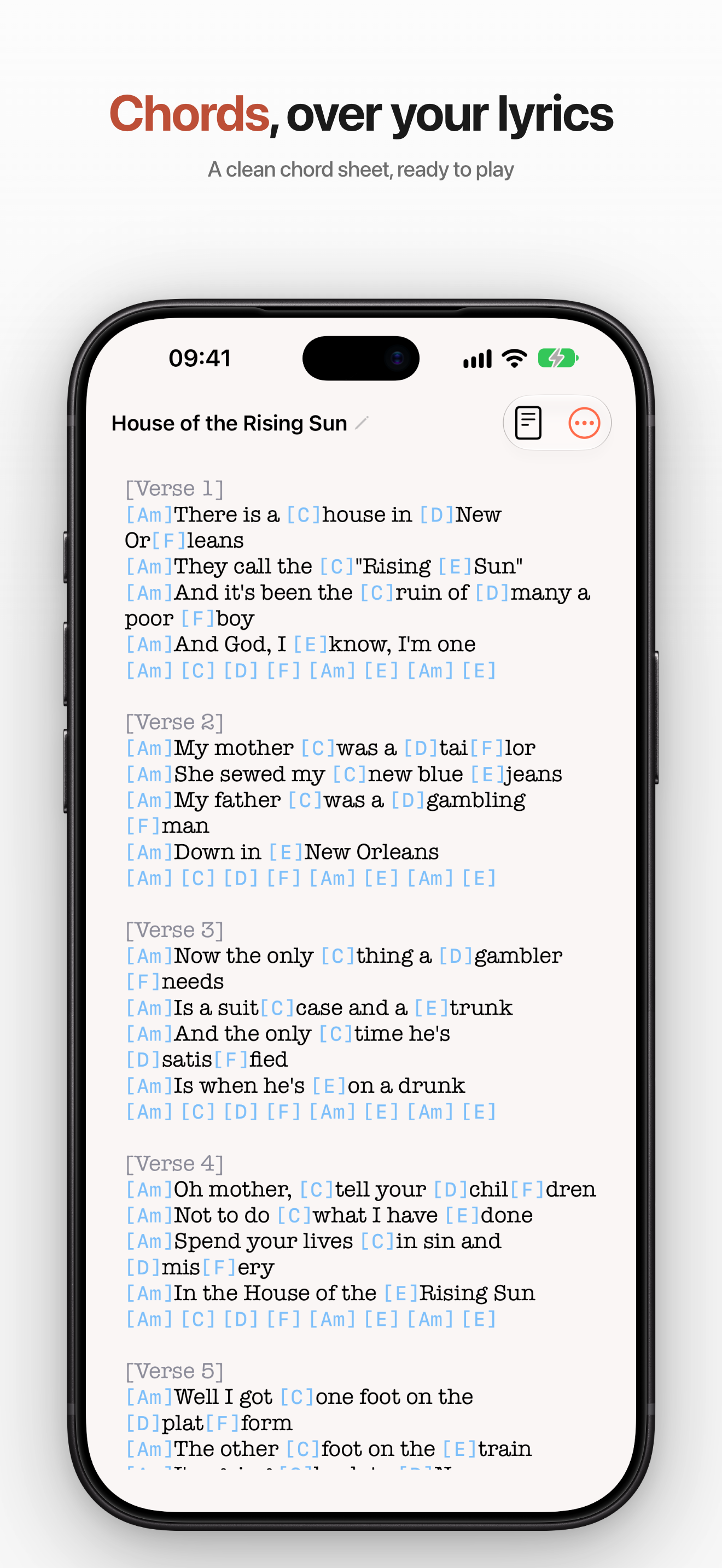 Chord Sheet mode, with chords laid out above the lyric