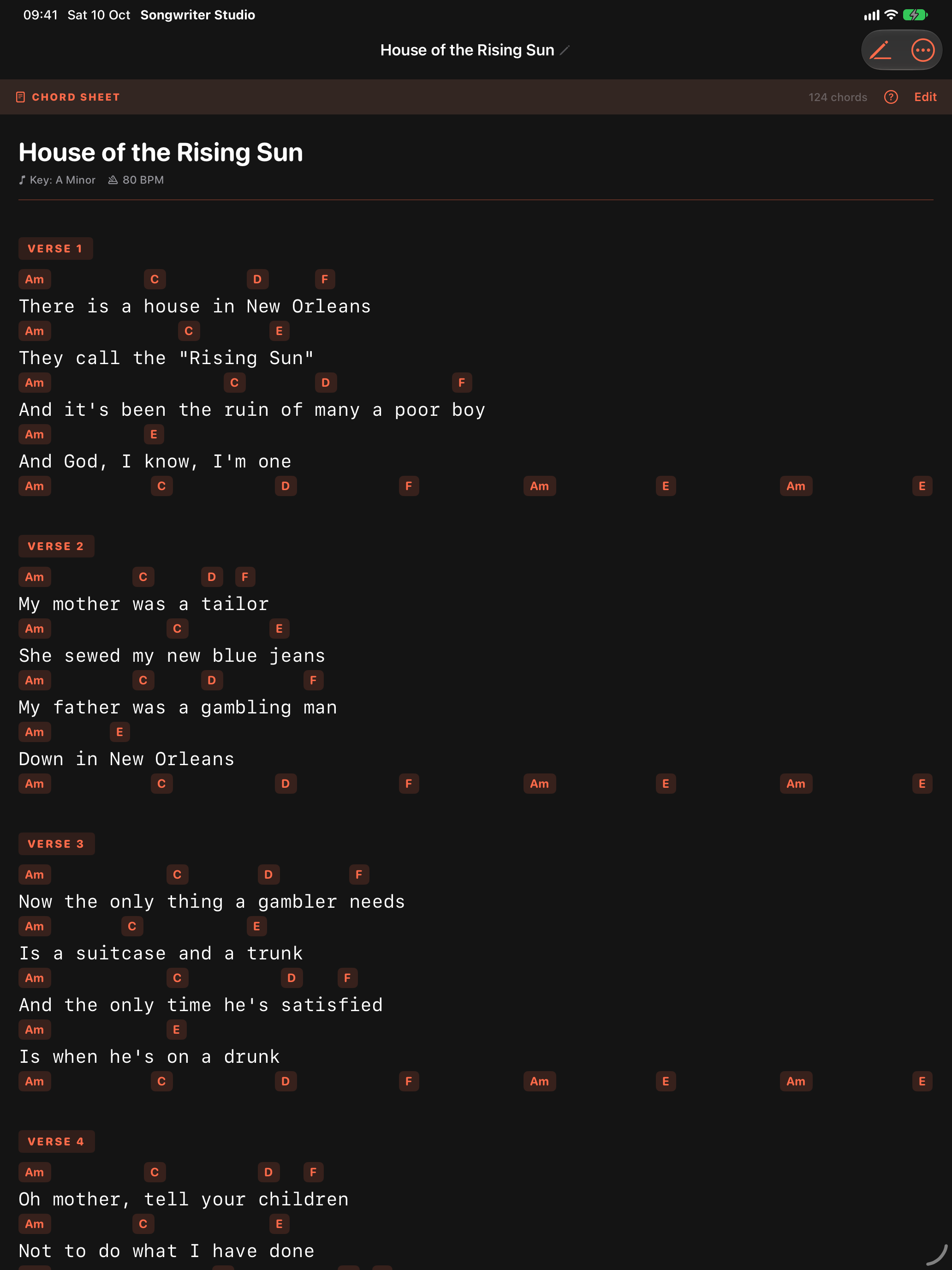 Chord Sheet mode, with chords laid out above the lyric
