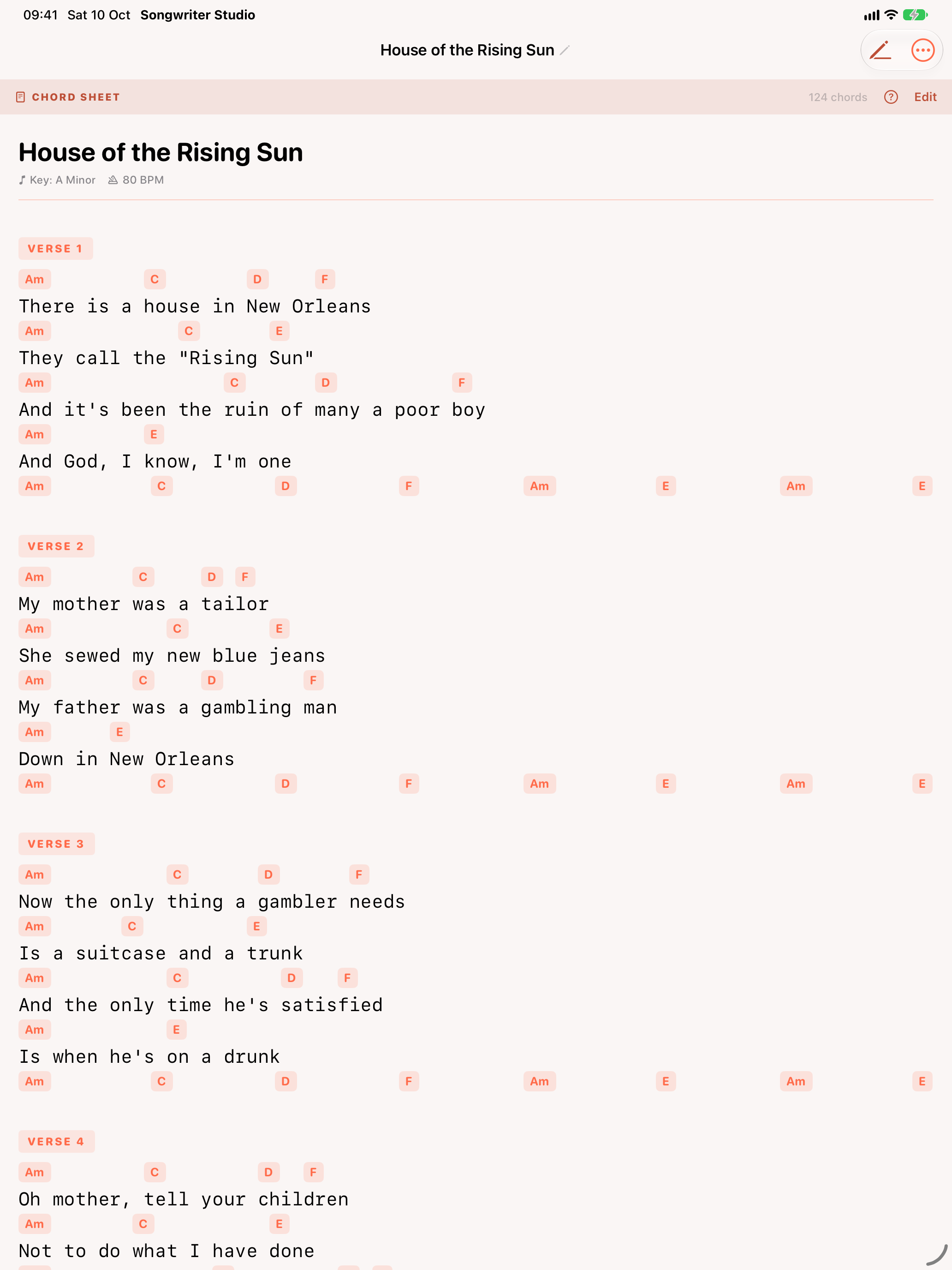 Chord Sheet mode, with chords laid out above the lyric