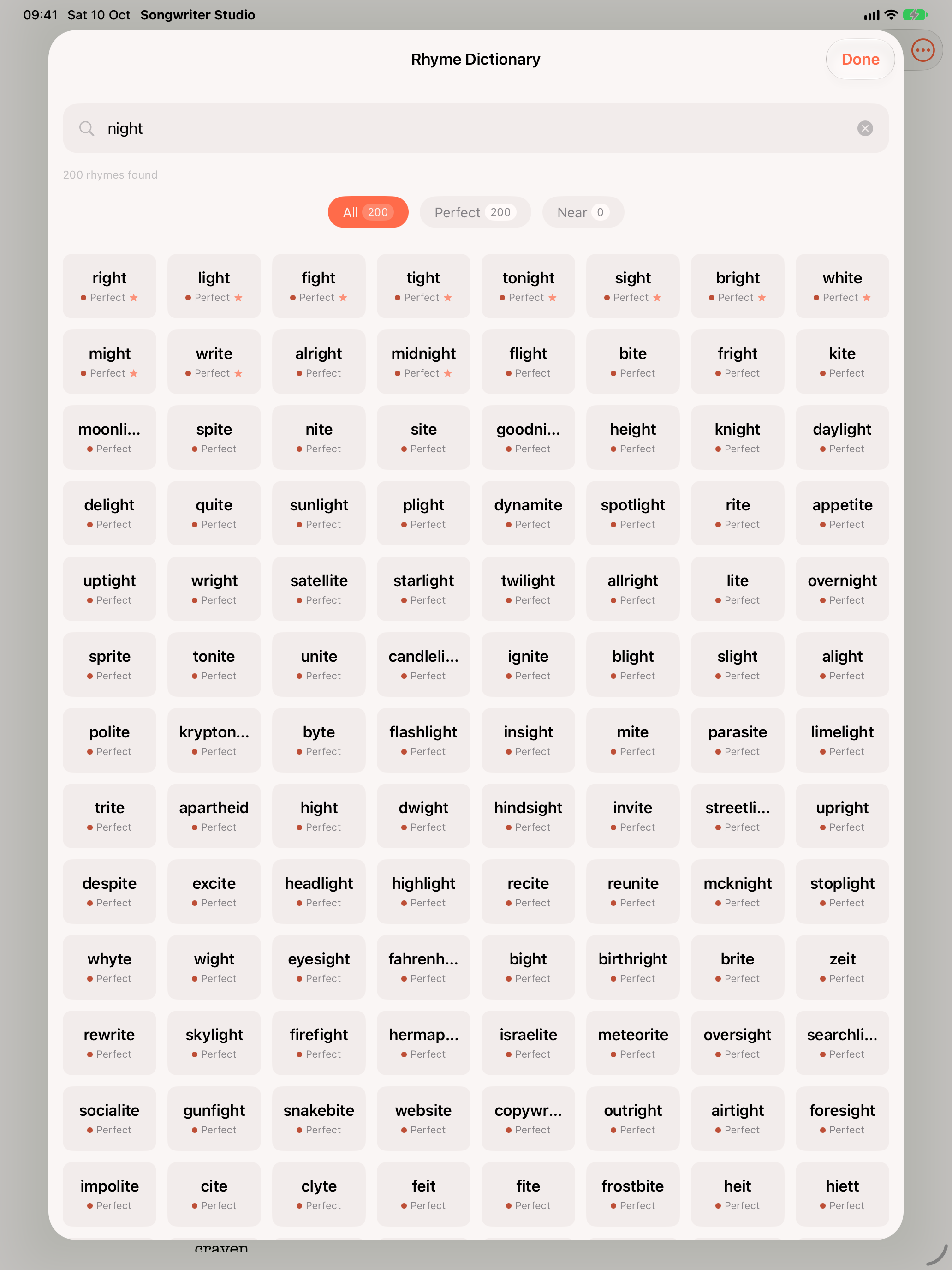 Rhyme suggestions for a selected word