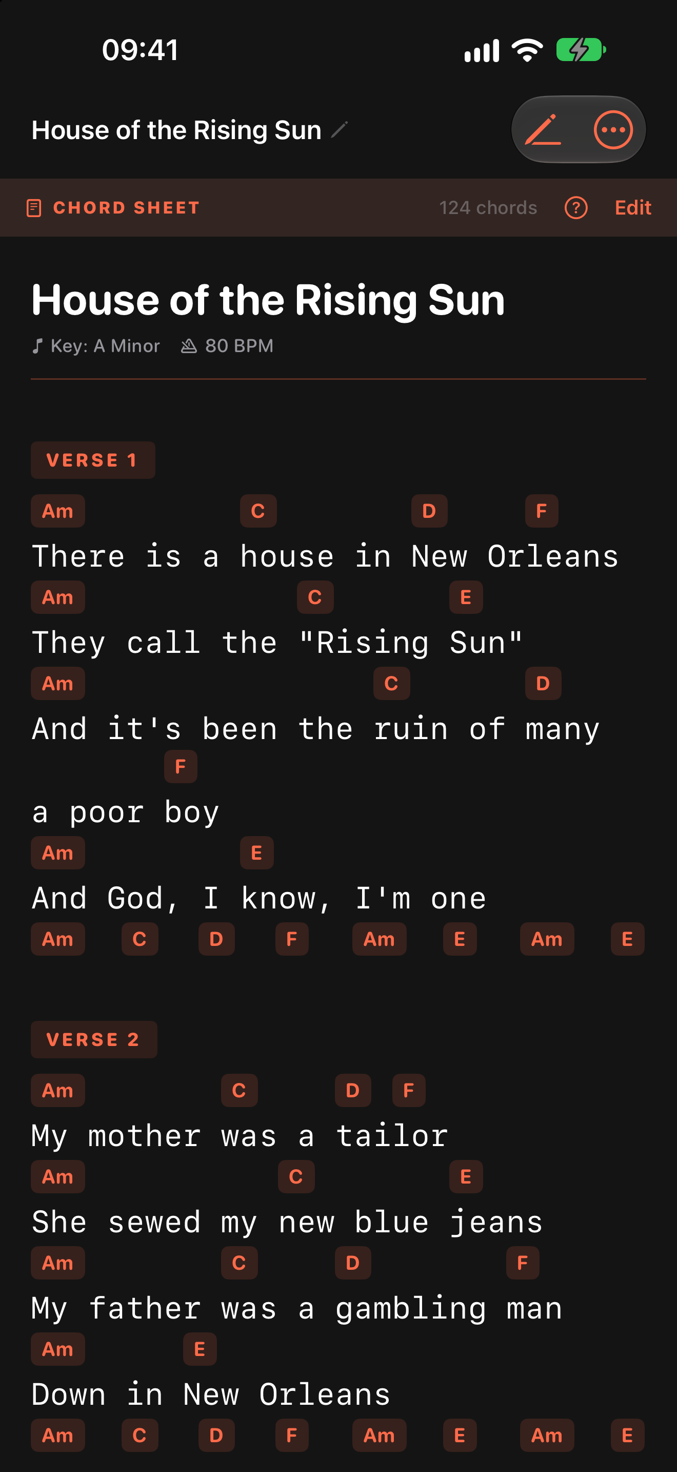 Chord Sheet mode, with chords laid out above the lyric