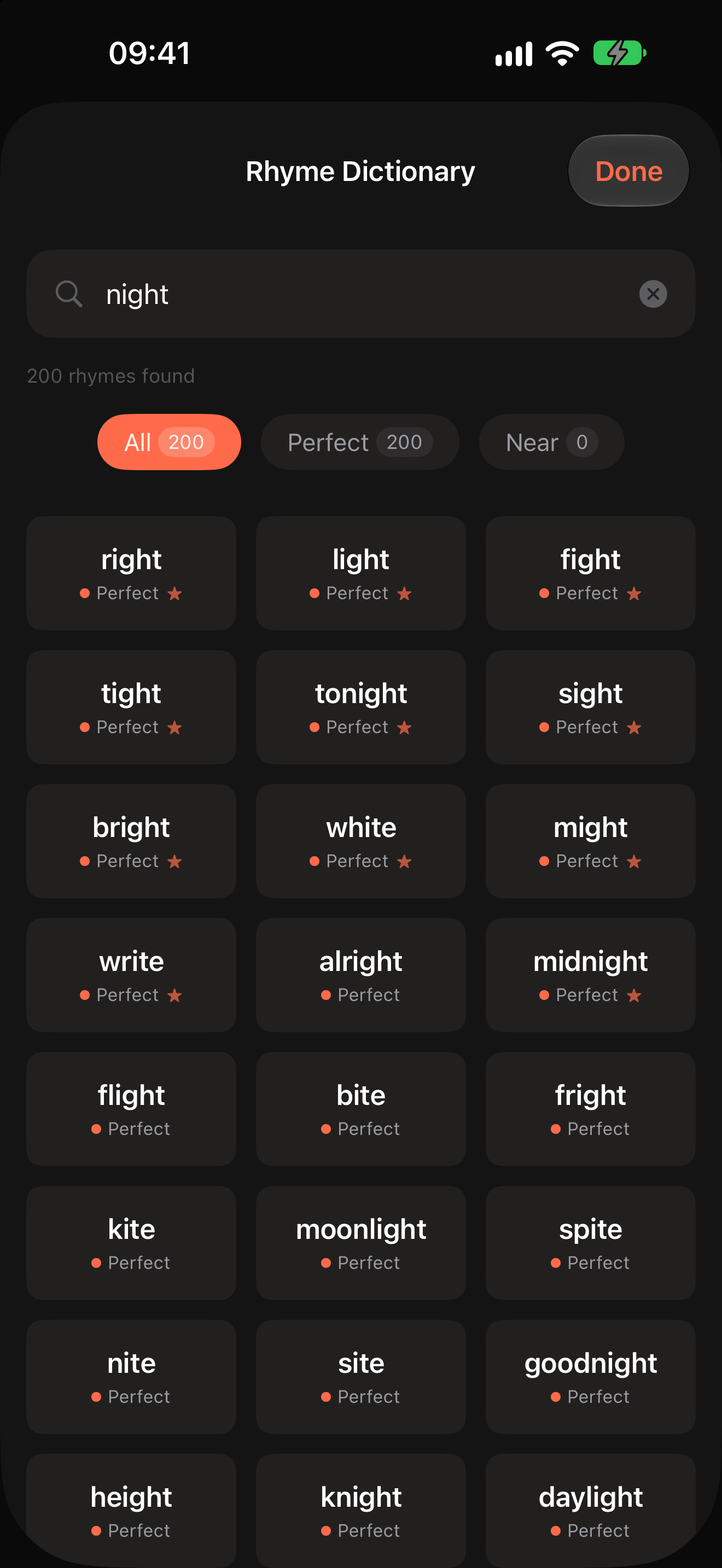 Rhyme suggestions for a selected word