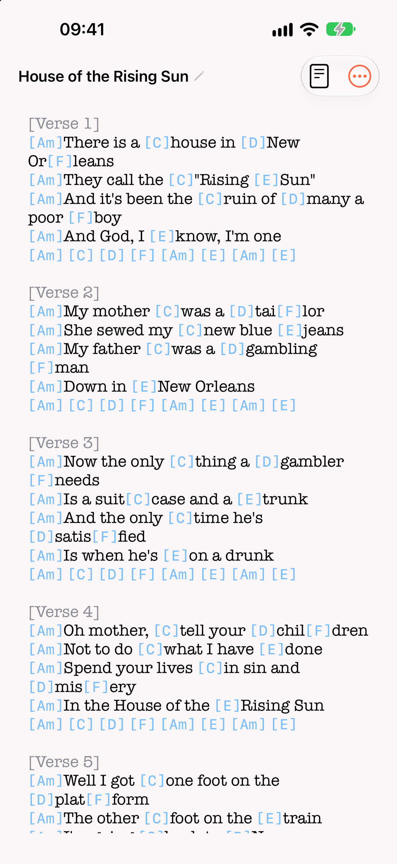 Chord Sheet mode, with chords laid out above the lyric