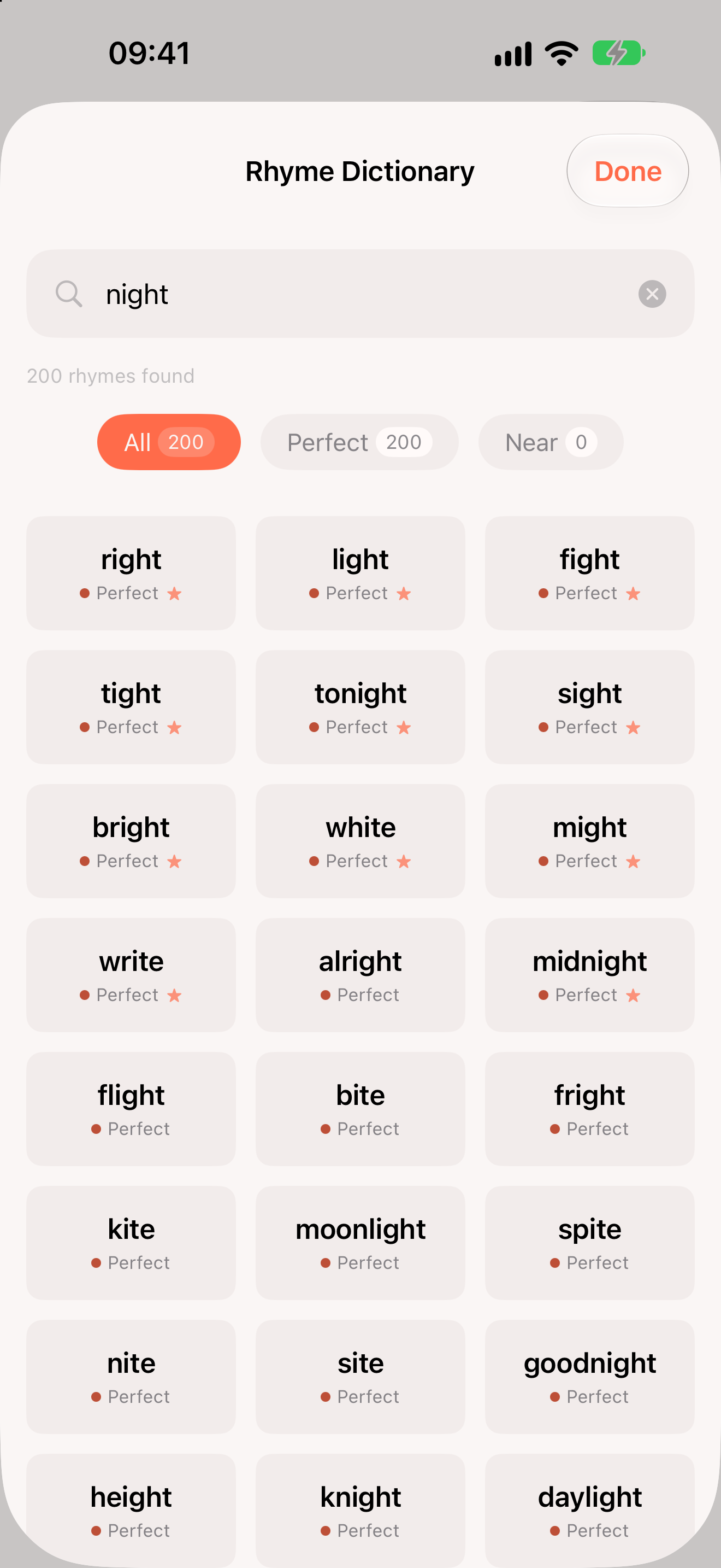 Rhyme suggestions for a selected word